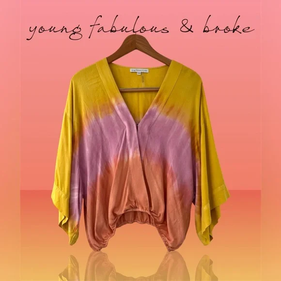🛍️SALE🛍️ Young Fabulous & Broke Women’s Tia Top Tie Dye Surplice Kimono Blouse - Picture 2 of 9